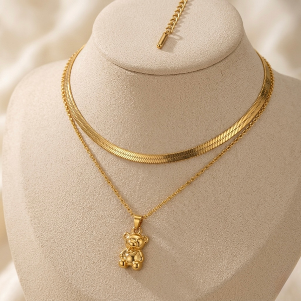 Golden Teddy Charm Layered Necklace