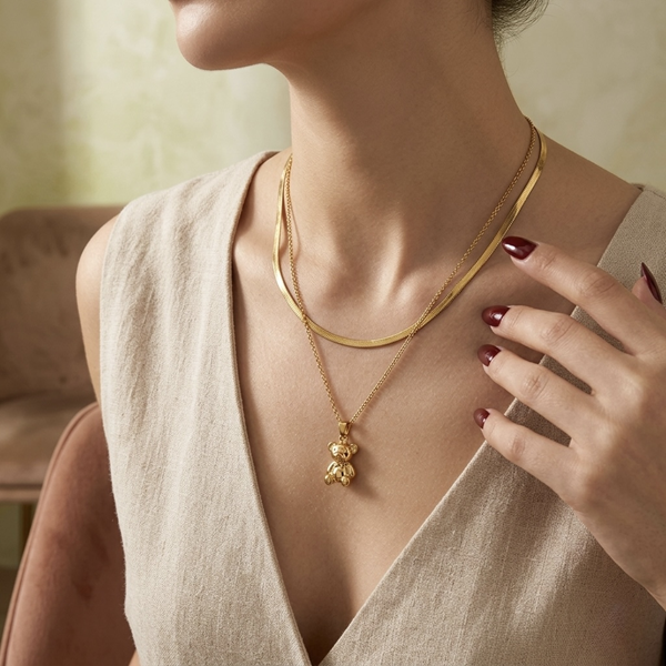 Golden Teddy Charm Layered Necklace